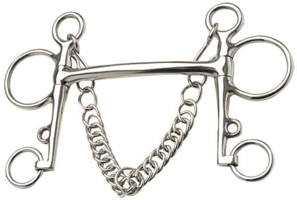 A pelham bit with a curb chain and mullen mouthpeice